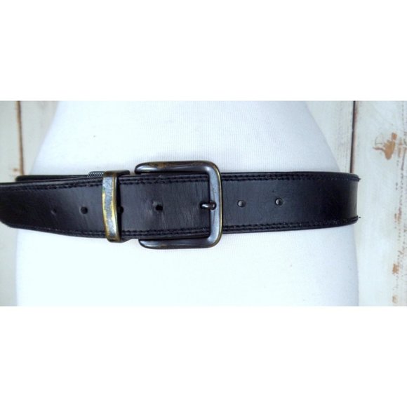 Levi Strauss thick black leather wide belt with distressed buckle / unisex - Picture 3 of 6